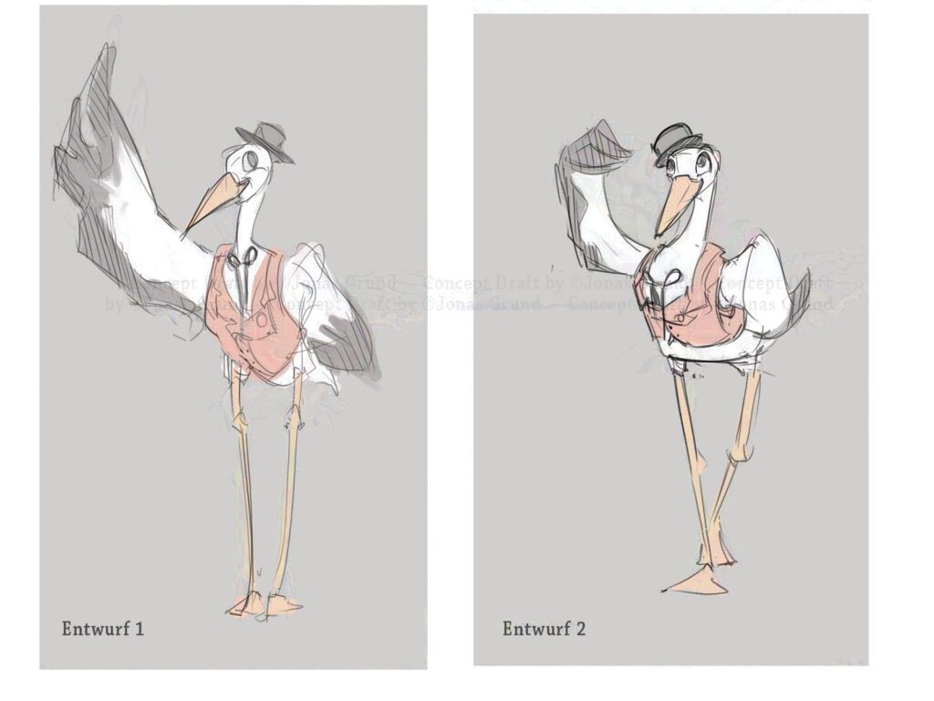 Entwürfe für Character Design für die Sympathiefigur eines Freizeitparkes. stork character design. Copyrights: Jonas Grund