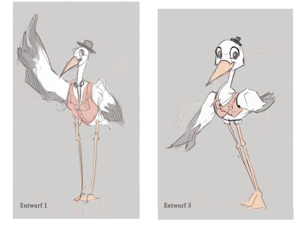 Entwürfe für Character Design für die Sympathiefigur eines Freizeitparkes. stork character design. Copyrights: Jonas Grund